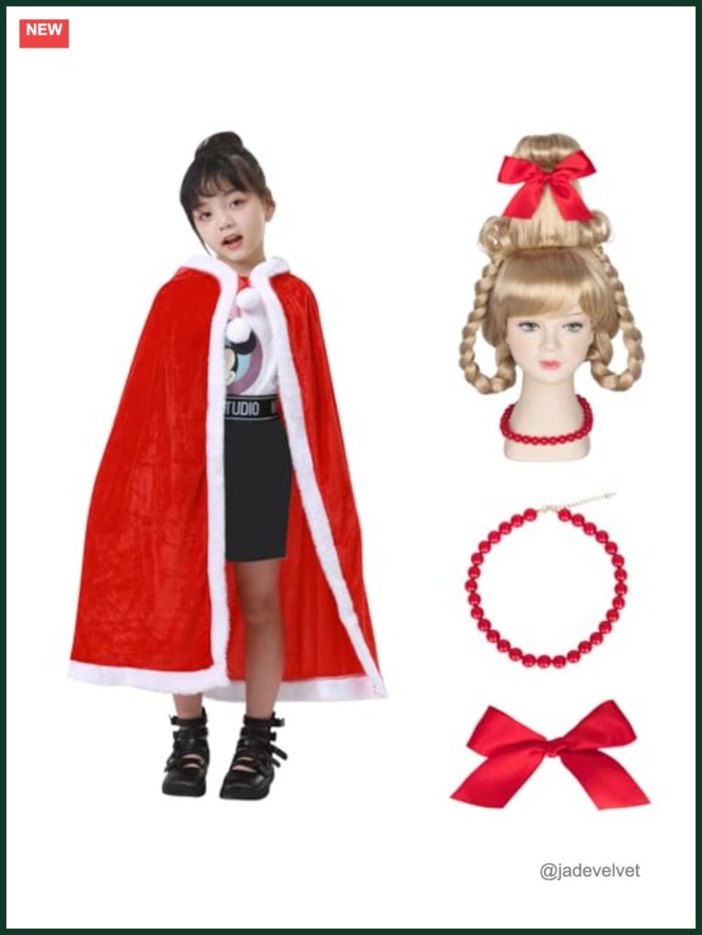 Christmas Hooded Cloak Robe Cindy Wig Necklace Bow Costume Set